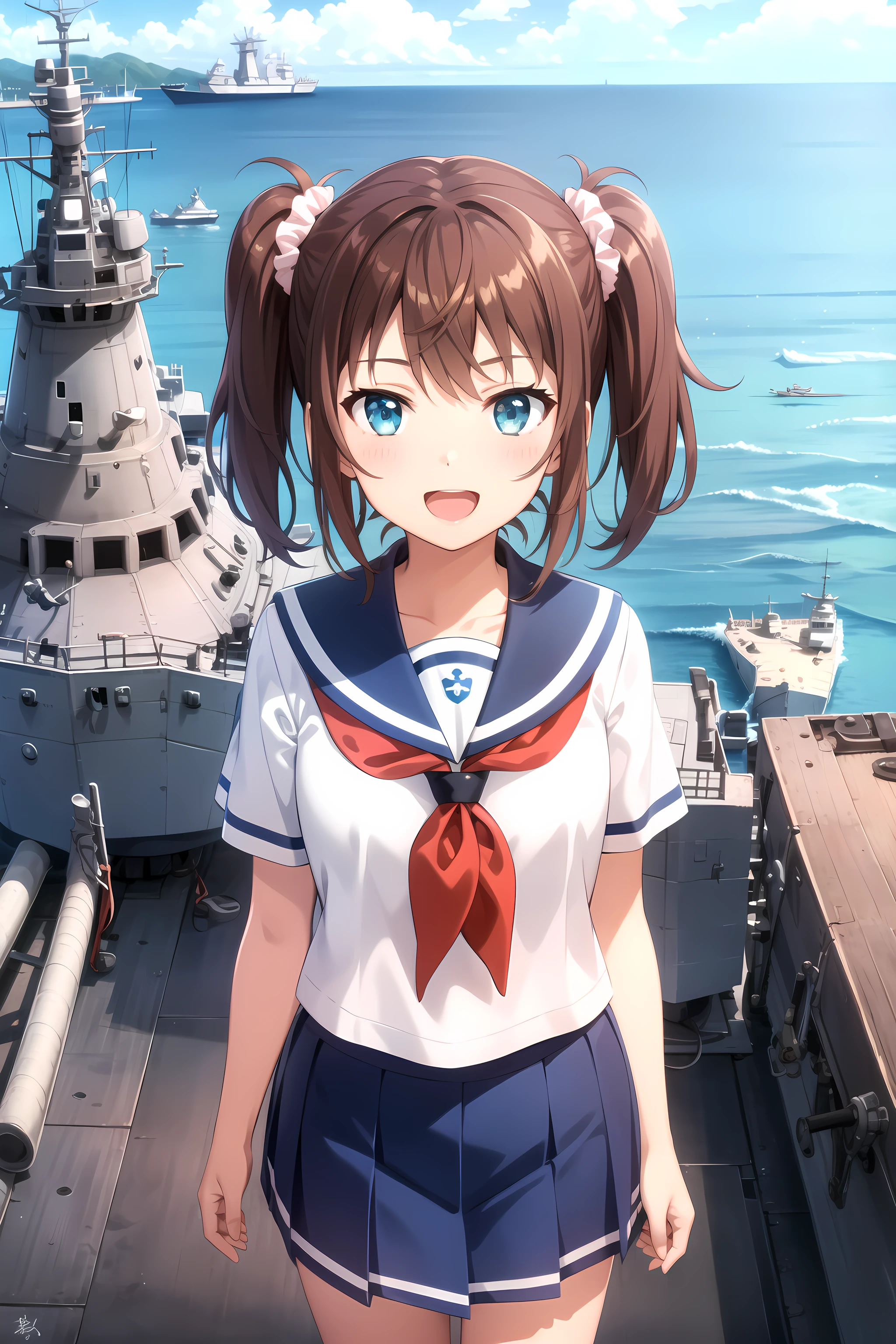 best quality, masterpiece, detailed,
<lora:HighSchoolFleet_OgasawaraHikari:0.8>, OgasawaraHikari,
1girl, open mouth, light smile,
brown hair, blue eyes, medium hair, twintails, hair scrunchie,
serafuku, sailor collar, short sleeves, blue skirt, red neckerchief,
standing, looking at viewer,
ocean, (ship, military vehicle:1.2)