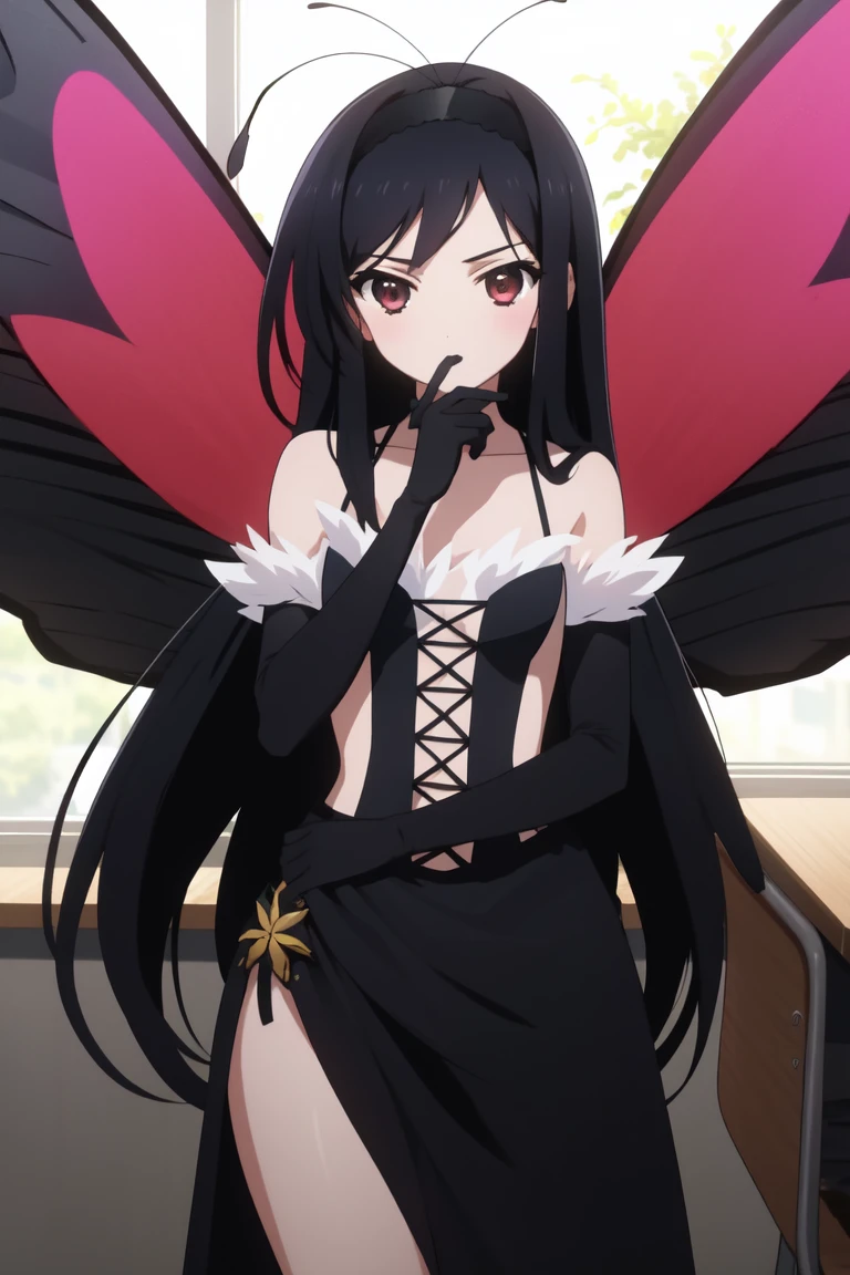 NSFW,One girl,hair band、Black Dress、Frills、Black gloves、Elbow Gloves、Butterfly Wings,Small breasts,(Perfect hands),(Perfect Anatomy),(masterpiece),(highest quality),Bad Smile,Embarrassed,blush,wilderness,ruins