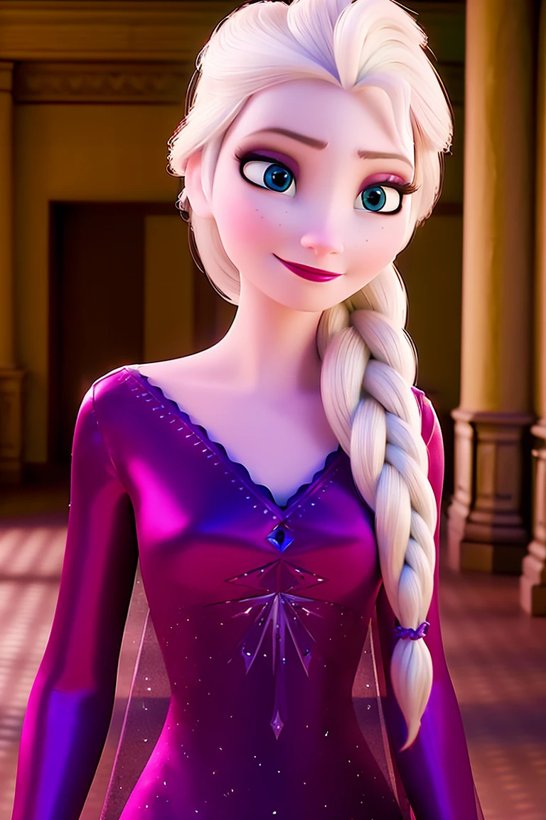 elsa \(frozen\) in the corridor of the library, looking at viewer,smirking,Elsa's Purple Nightgown,upper body,single braid, worm light,<lora:Frozen_elsa_V1_9clothes:1>,upper body,   incredibly absurdres,ultra-detailed, wallpaper,realistic,photorealistic,raw photo,masterpiece,best quality,