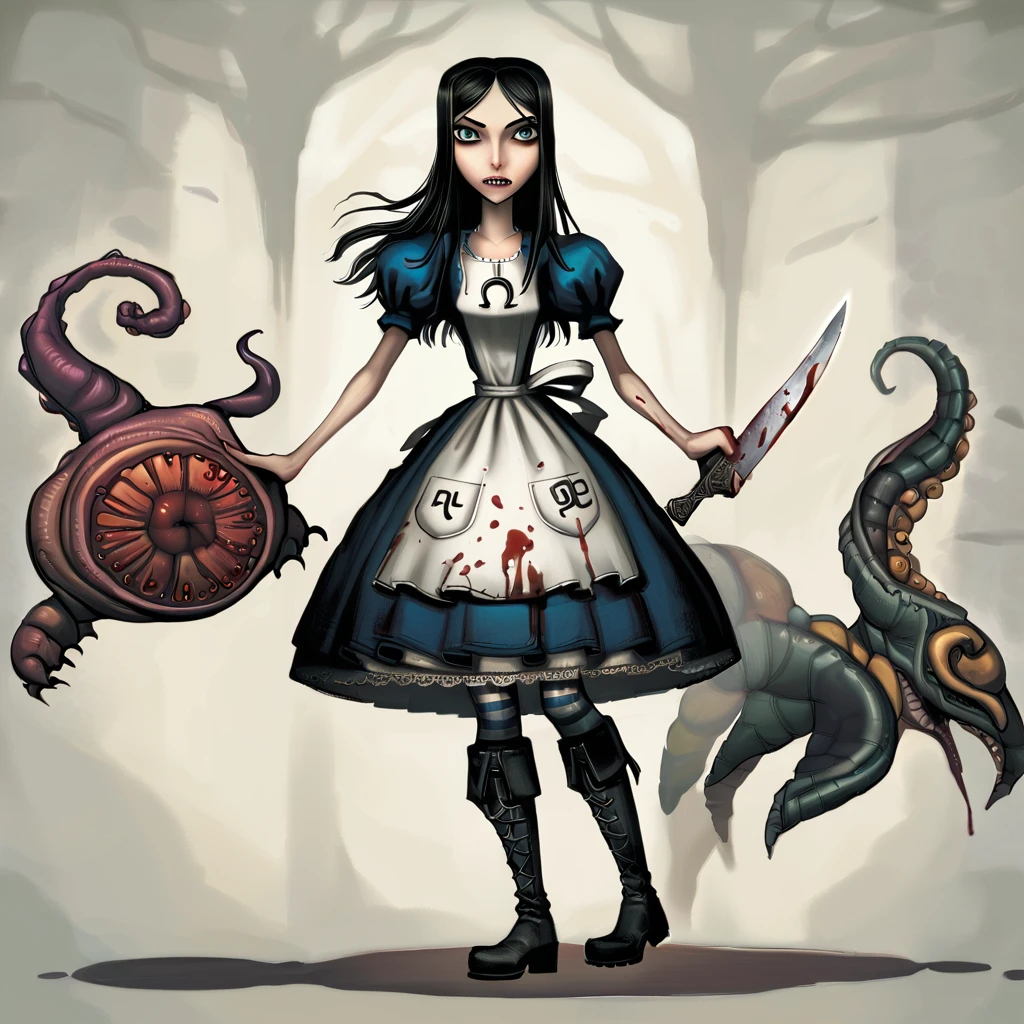 <lora:xl_Alice Madness Returns_a3:1>,Alice: Madness Returns style,1girl,dress,knife,blood,blue eyes,striped,long hair,black hair,striped legwear,boots,thighhighs,monster,apron,jupiter symbol,teeth,solo,