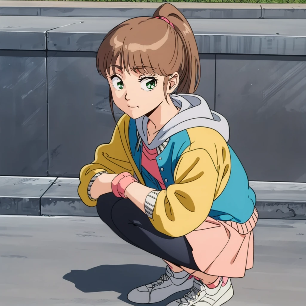 <lora:Sumire001:0.7>,looking at viewer,
Sumire,1little girl,brown hair,ponytail,green eyes,
multicolored jacket,hoodie,
pink skirt,
leggings,
sneakers,
full body,squatting,