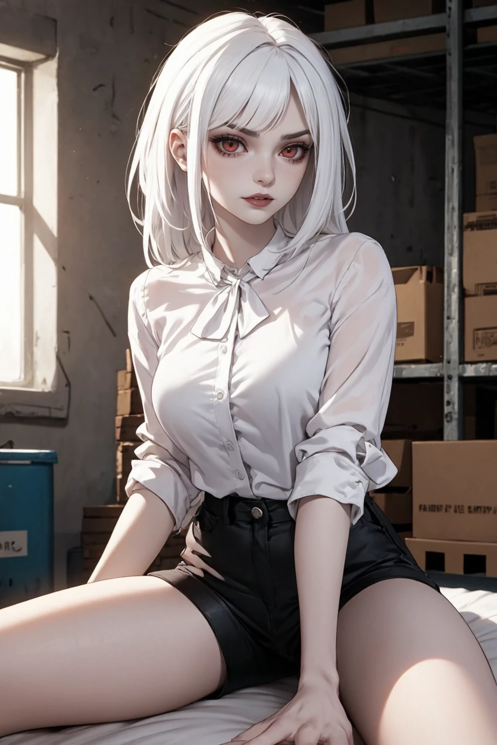 dim lit warehouse, pale skin demon woman, wearing white blouse and black shorts, in bedroom with evil seductive vibe, white hair