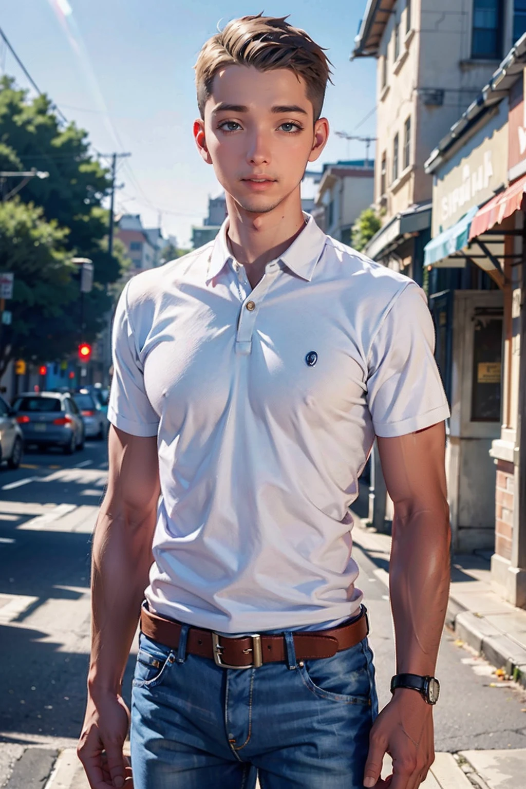 A scoundrel who wears a striped t-shirt on top and a white one underneath wears a round hat with a straight brim and white pants 