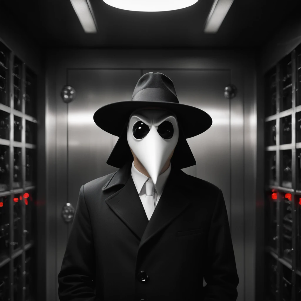cinematic film still of <lora:spy vs spy style v2:1>
a spy agent in black costume person in a hat and a long black coat inside a bank vault with window bars at night,with red light red spot on,solo,hat,monochrome,window,mask,formal,suit,top hat,fedora,trench coat , comic strip, two agents, agent, stereotypical, comical espionage activities, dressed in white, dressed in black, identical, beaklike heads, long beaklike heads, white pupils and black sclera, booby traps, parody, spy vs spy style, Mad magazine style, shallow depth of field, vignette, highly detailed, high budget, bokeh, cinemascope, moody, epic, gorgeous, film grain, grainy