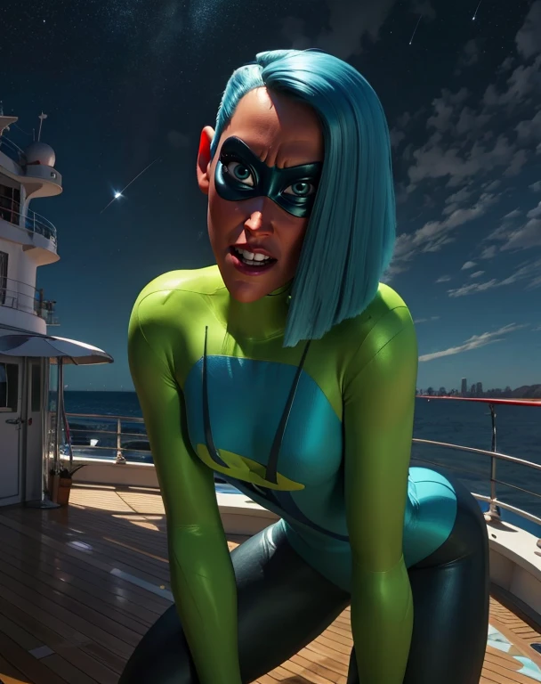 Voyd,blue hair,blue eyes,short hair,teeth,
domino mask,bodysuit,leaning forward,
standing,looking at viewer,
stars,cruise ship,
(insanely detailed, masterpiece, best quality),<lora:Voyd:0.7>,