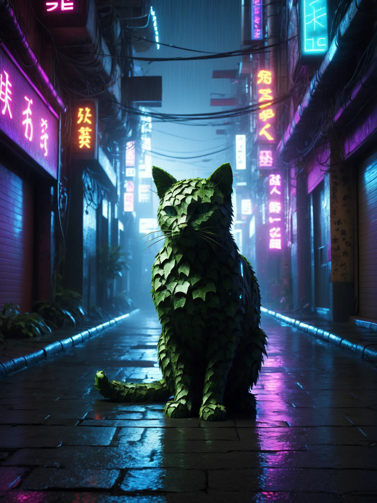 mad-efeu cat stolling through cyberpunk alley at night, rain,neon light reflects of cat, glowing eyes <lora:Ivy_SDXL:1.0>, (masterpiece:1.2), best quality, (hyperdetailed, highest detailed:1.2), high resolution textures