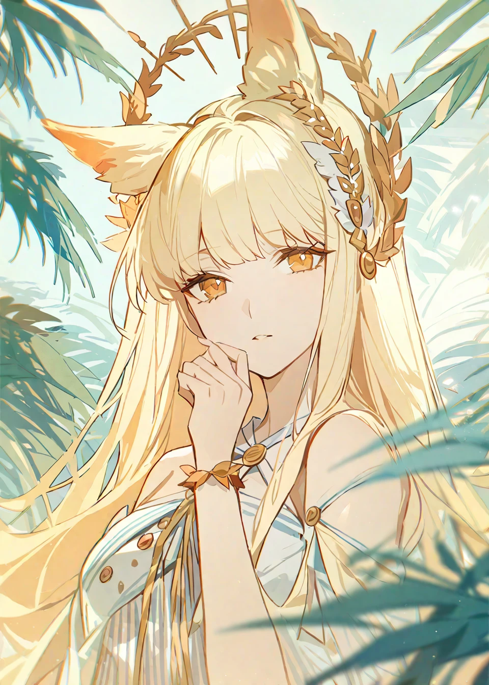 The image showcases an animated character with long, blonde hair. The character has animal-like ears, and she is wearing a delicate headpiece with golden elements. Her hair is adorned with a fringe that flows down past her shoulders. The character's eyes are glowing with an orange hue. She is seen holding her face close to her hand, possibly in a contemplative or serene pose. The background features a lush, green backdrop with large, leafy plants, suggesting a serene outdoor setting. The overall tone of the image is ethereal and dreamy, with a high resolution that captures intricate details. The character's attire is a soft, light blue, and she is wearing a bracelet on her wrist.<lora:platinum:1>,, masterpiece, best quality,