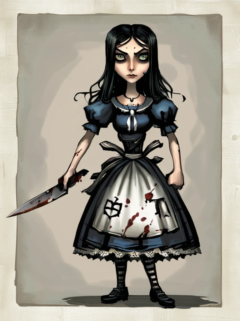 <lora:xl_Alice Madness Returns_a3:1>,Alice: Madness Returns style,blood,1girl,knife,jupiter symbol,black hair,