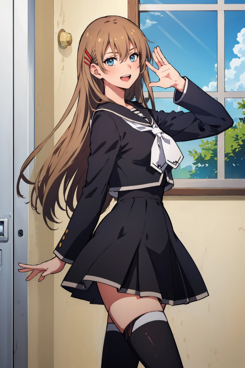 masterpiece, best quality, <lora:hiiragiasuka-nvwls-v1-000009:0.9> hiiragi asuka, hairpin, black serafuku, black skirt, white thighhighs, walking, from side, :D, waving, hallway, window, blue sky