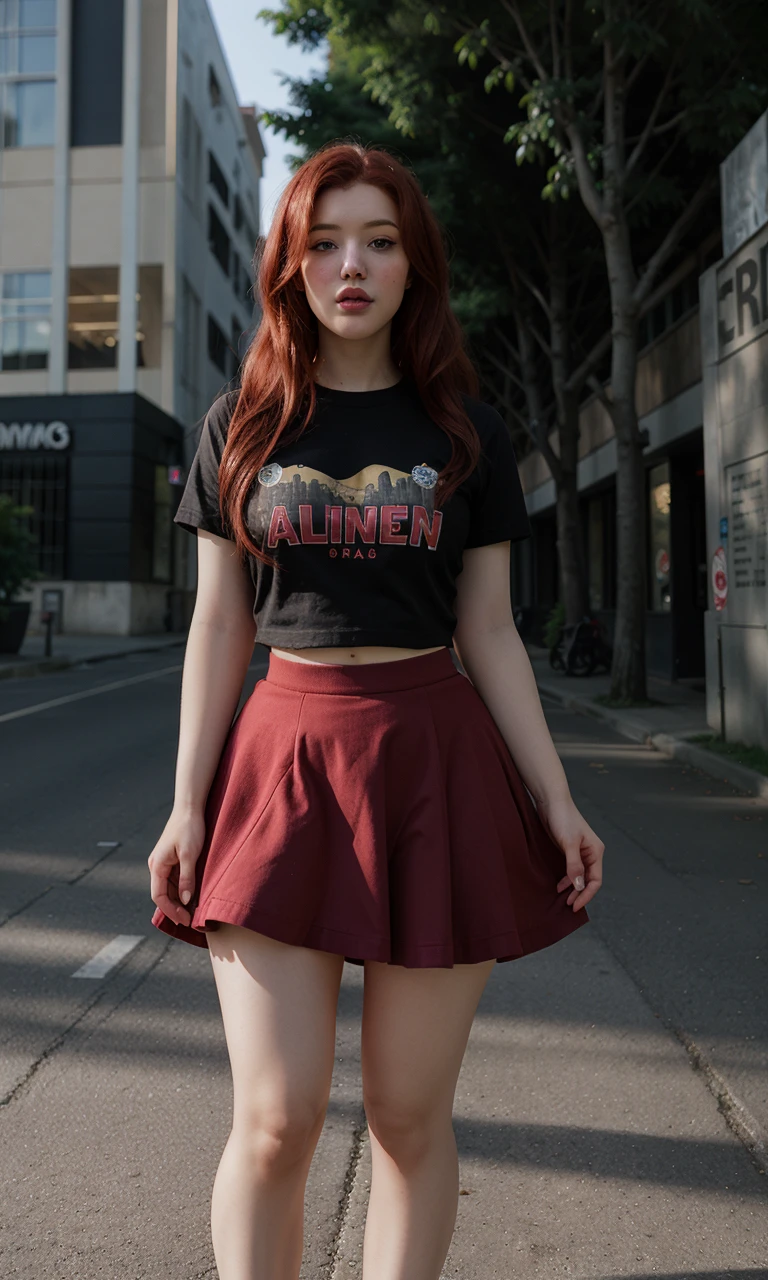 lalyumos, a woman, redhead, outdoors, city, road, street, modern clothes, T-shirt, skirt,