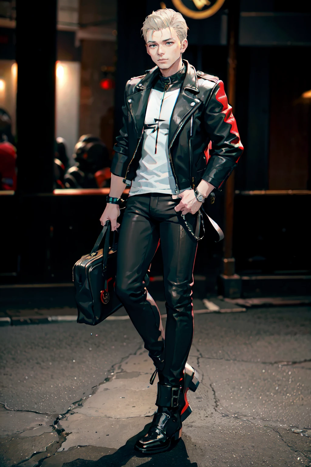 a man wearing Biker jacket and leather pants , busy street <lora:fic-Kraig2:1>