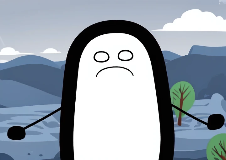 dswants, close up, pill shape, sad face,  cartoon character, stick and dot arms, talking, in the mountains,  <lora:Dogshitter_Wants:1>