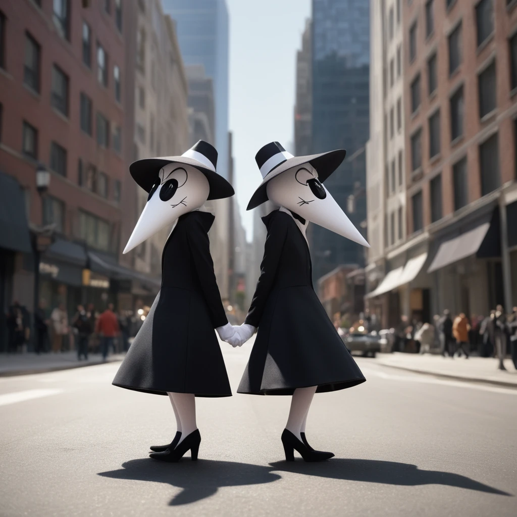 cinematic film still of <lora:spy vs spy style v2:1>
a cartoon building bending over kicking out a spy agent in black costume outdoors in big city,1girl,thighhighs,bird,building,city , comic strip, two agents, agent, stereotypical, comical espionage activities, dressed in white, dressed in black, identical, beaklike heads, long beaklike heads, white pupils and black sclera, booby traps, parody, spy vs spy style, Mad magazine style, shallow depth of field, vignette, highly detailed, high budget, bokeh, cinemascope, moody, epic, gorgeous, film grain, grainy