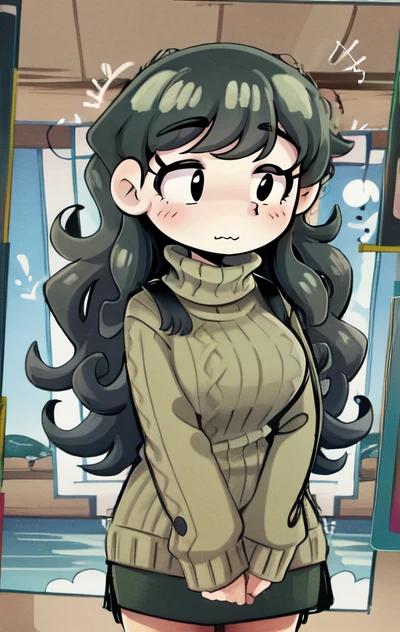 [masterpiece, colorful], 1girl, colorful, solo, black eyes, wavy mouth, standing, long hair, large breasts, black hair, turtleneck sweater, skirt, <lora:PEARå¥-07:1>, PEARå¥, thick outlines,