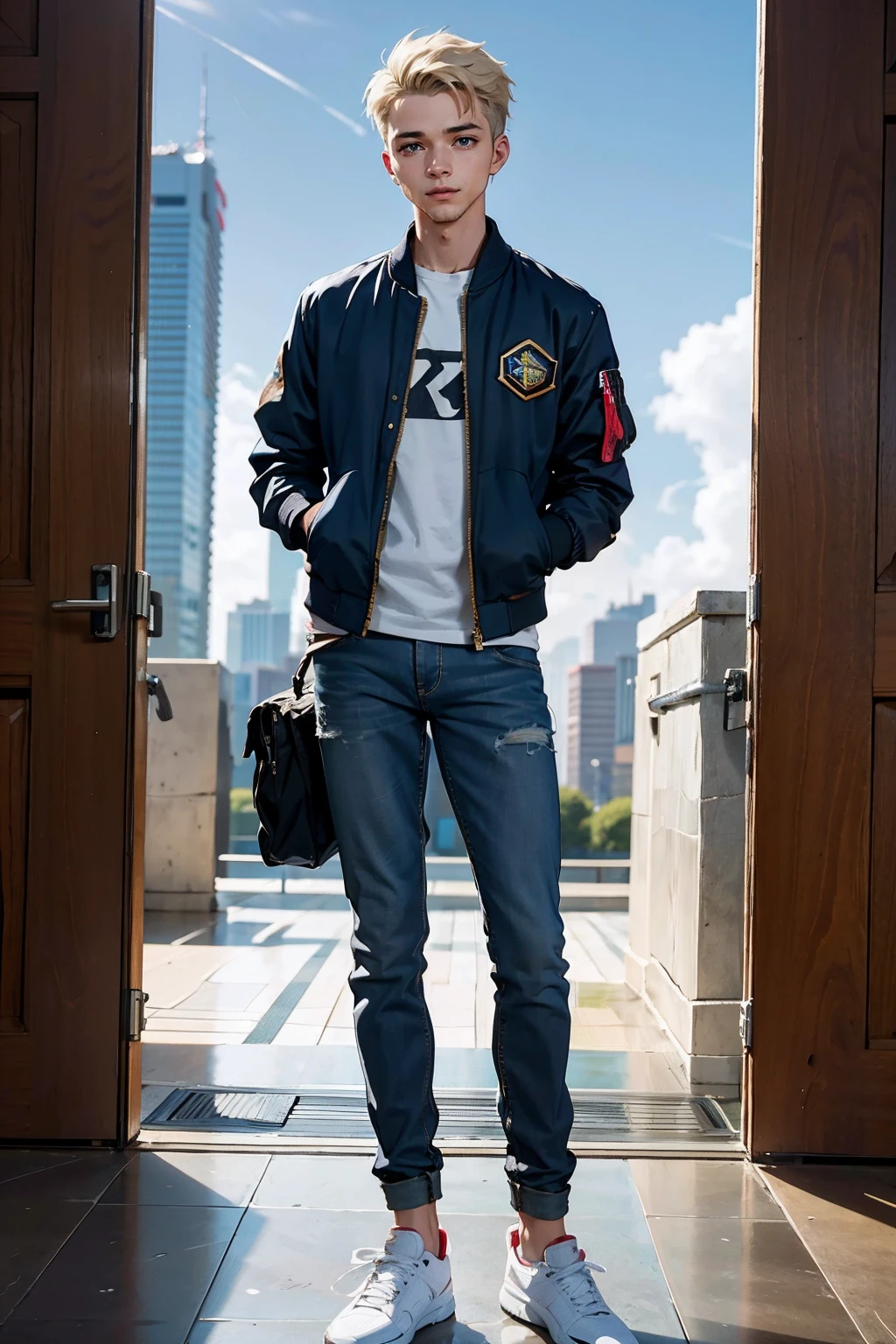 a man wearing Bomber jacket and skinny jeans , skyscraper <lora:fic-Kraig2:1>