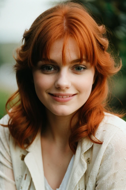 4my4, standing, smile, portrait, red hair, <lora:4my4-08_0.0565:1.0>, epiCPhoto