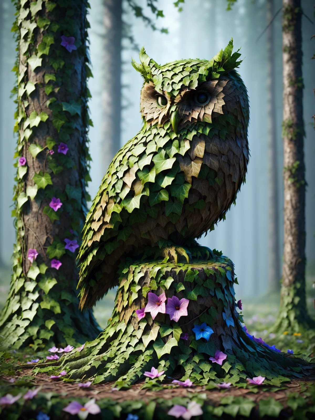 mad-efeu, owl perched on a tree stump, forest clearing, colorful flowers, <lora:Ivy_SDXL:1.1>, (masterpiece:1.2), best quality, (hyperdetailed, highest detailed:1.2), high resolution textures