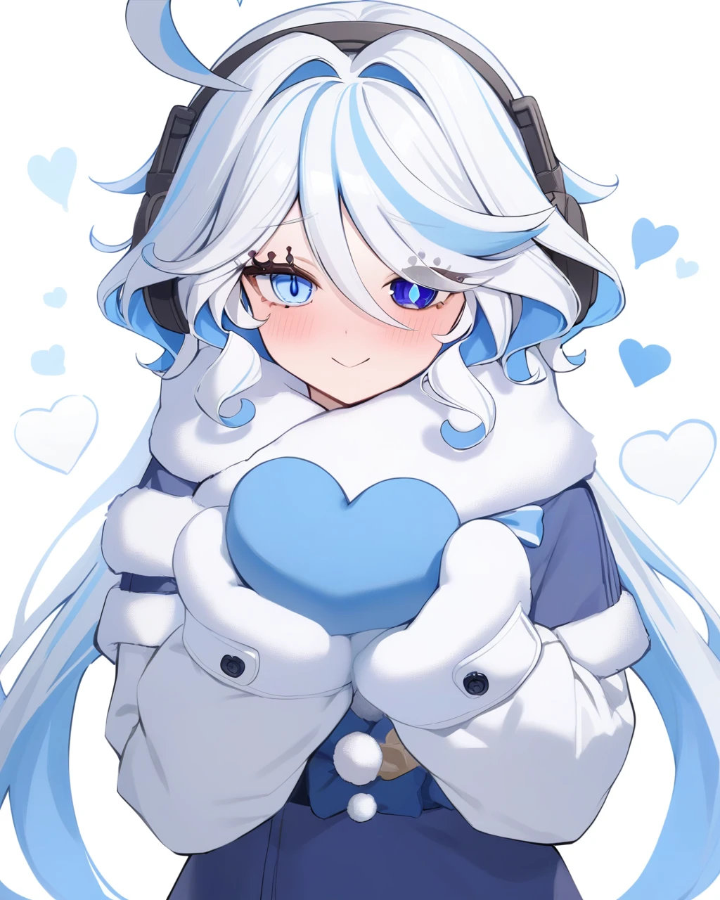 masterpiece,best quality,<lora:furina:1>,1girl, furina \(genshin impact\), genshin impact, fake wings, heterochromia, hair intakes, blue dress, scarf, blush, :>, simple background, fur-trimmed capelet, mittens, symbol-shaped pupils, solo, heart, long hair, multicolored hair, light blue hair, white background, double-parted bangs, earmuffs, ahoge, blue eyes, long sleeves, alternate costume, hair between eyes, headband