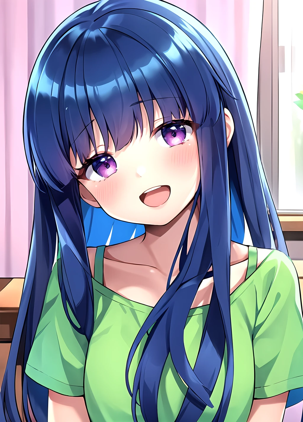 1girl, solo, furude rika, blue hair, smile, long hair, open mouth, green shirt, head tilt, collarbone, looking at viewer, shirt, blush, bangs, purple eyes, bra strap, :d, upper body, upper teeth only, curtains, <lora:Rika Furude anylora-000006:0.7>