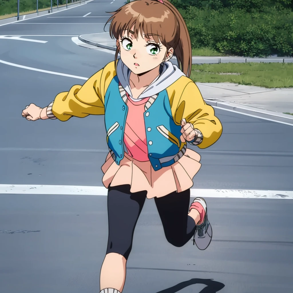 <lora:Sumire001:0.7>,looking at viewer,
Sumire,1little girl,brown hair,ponytail,green eyes,
multicolored jacket,hoodie,
pink skirt,
leggings,
sneakers,
full body,running,