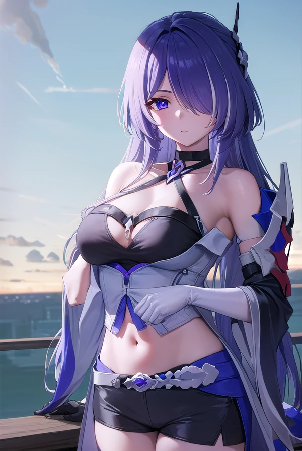 honkaiacheron, <lora:honkai acheron-lora-nochekaiser:1>,
acheron, (hair over one eye:1.5), long hair, (purple eyes:1.1), purple hair, very long hair,
BREAK belt, black belt, black choker, black gloves, black shorts, choker, coat, criss-cross halter, crop top, elbow gloves, gloves, halterneck, midriff, navel, short shorts, shorts, white coat,
BREAK outdoors, city, sky, sun, clouds,
BREAK looking at viewer, (cowboy shot:1.5),
BREAK <lyco:GoodHands-beta2:1>, (masterpiece:1.2), best quality, high resolution, unity 8k wallpaper, (illustration:0.8), (beautiful detailed eyes:1.6), extremely detailed face, perfect lighting, extremely detailed CG, (perfect hands, perfect anatomy),