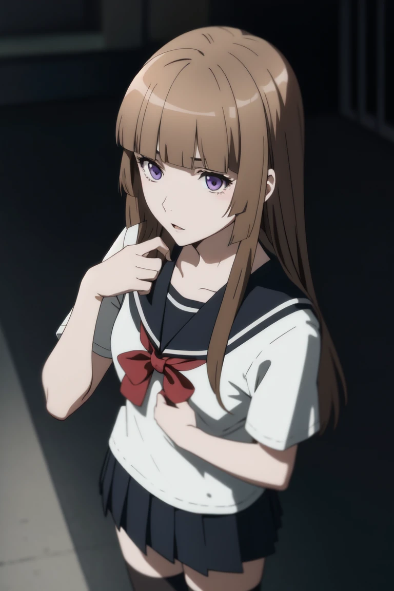 masterpiece, best quality, absurdres, Fuwa Aika <lora:Fuwa_Aika:0.8>, (brown hair, purple eyes), hime cut,  red bow, school uniform, black serafuku, pleated skirt, thighhighs, , BREAK nice hands, perfect hands, beaufitul hand, beautiful finger, outdoors, 
BREAK (perfect anatomy), (realistic lighting:0.6), [Cinematic lighting|Volumetric Lighting], from above,