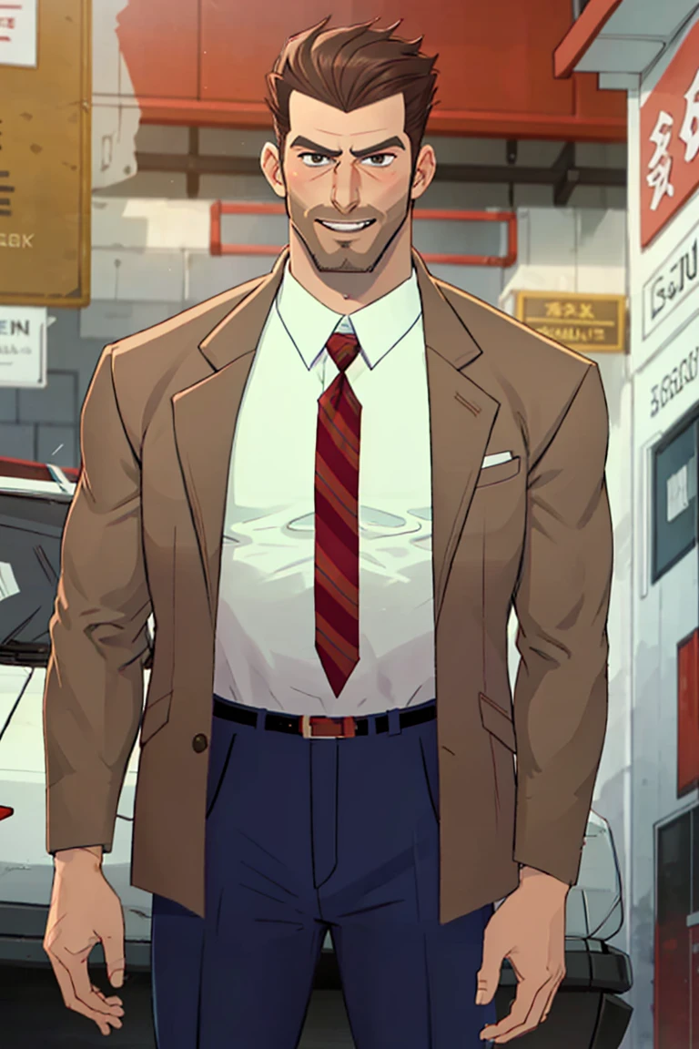 (1 image only),  solo male,  bara,  Chase Devineaux,  French,  detective,  brown hair,  short hair,  hair slicked back,  brown eyes,  sideburns,  facial hair,  broad stubble,  white collared shirt,  striped brown/red necktie,  pure brown suit jacket,  dark blue suit pants,  mature,  handsome,  charming,  alluring,  grin,  blush,  standing,  upper bod,  perfect anatomy,  perfect proportions,  2D,  anime,  (best quality,  masterpiece),  (perfect eyes,  perfect eye pupil),  high_resolution,  dutch angle,  perfect hands,<lora:EMS-294140-EMS:0.800000>