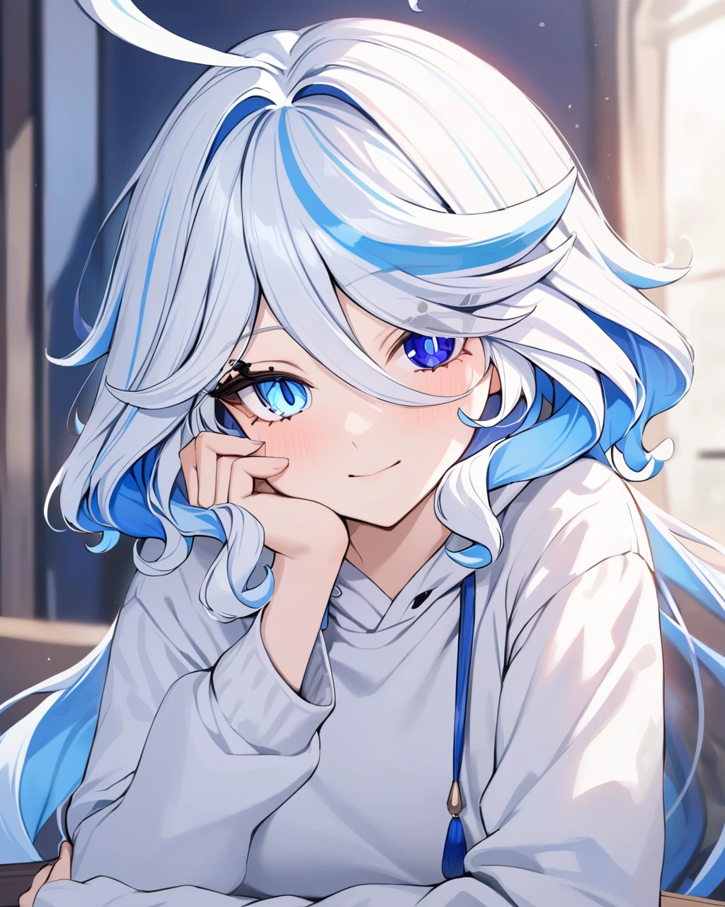 best quality, masterpiece,   <lora:furina:1>ï¼1girl, furina \(genshin impact\), genshin impact, cowlick, mismatched pupils, heterochromia, sleeves past wrists, head rest, closed mouth, looking at viewer, hood down, solo, long hair, multicolored hair, hand on own face, blue hair, light smile, white hair, ahoge, portrait, blue eyes, white shirt, long sleeves, hair between eyes, white hood