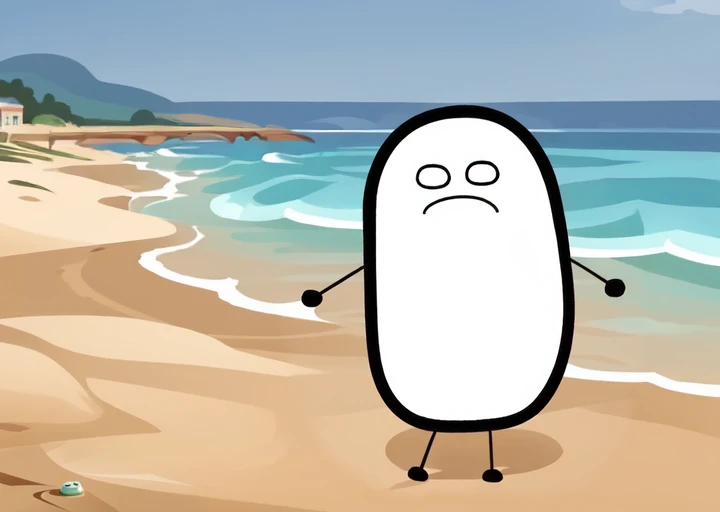dswants, close up, pill shape, sad face, cartoon character, stick and dot arms, at the beach, <lora:Dogshitter_Wants:1>