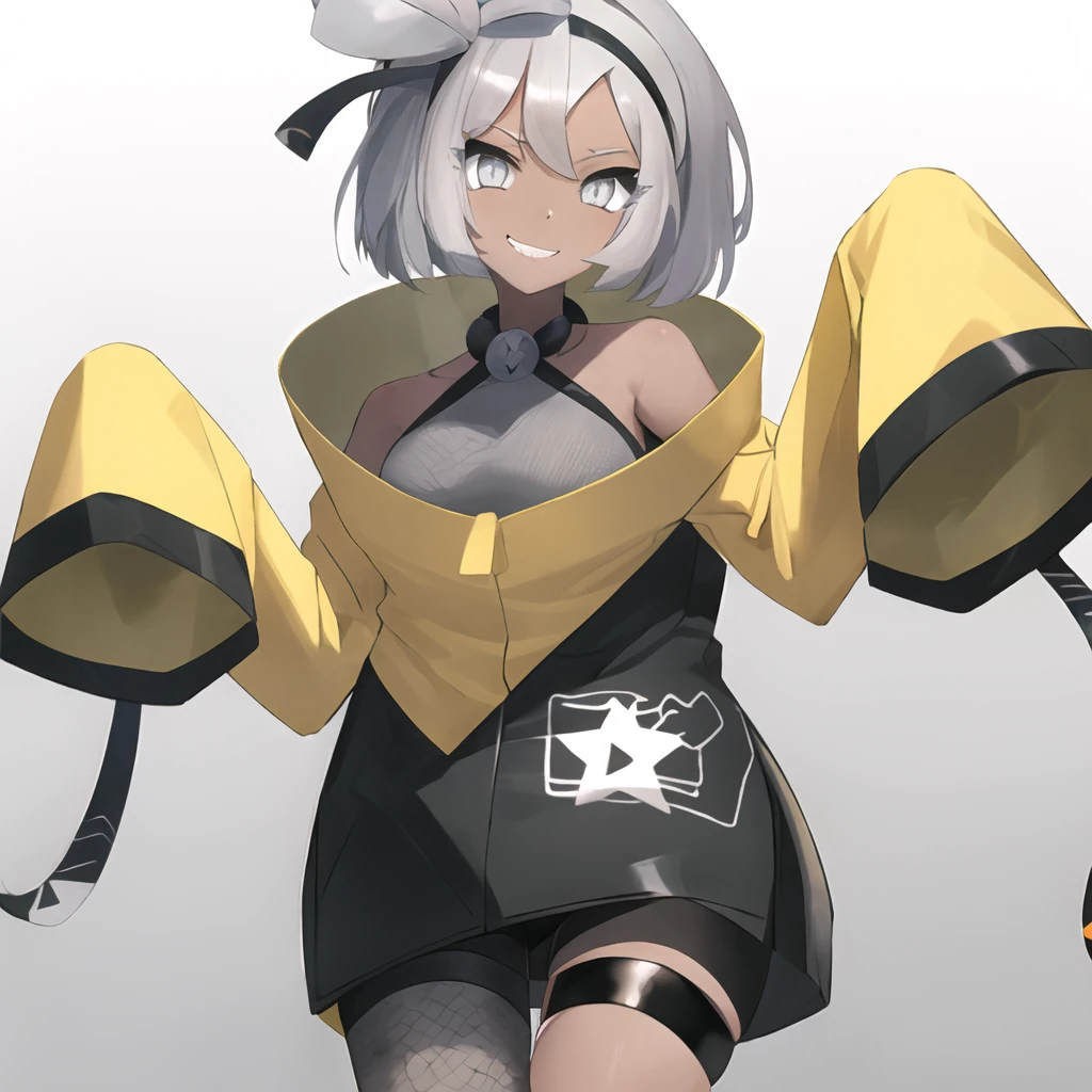 masterpiece, best quality, highly detailed, 1girl, solo, <lora:bea_pokemon-08:1> (bea_pokemon:1.3),
grey hair, grey eyes, hairband, black hairband, dark skin, dark-skinned female, seductive smile,
simple background, cowboy shot,
<lora:iono_outfit-10:1> (iono_outfit:1.3), (oversized clothing:1.3), jacket, yellow jacket, wide sleeves, sleeves past wrists, black shorts, grey pantyhose, boots, single leg pantyhose, thigh strap