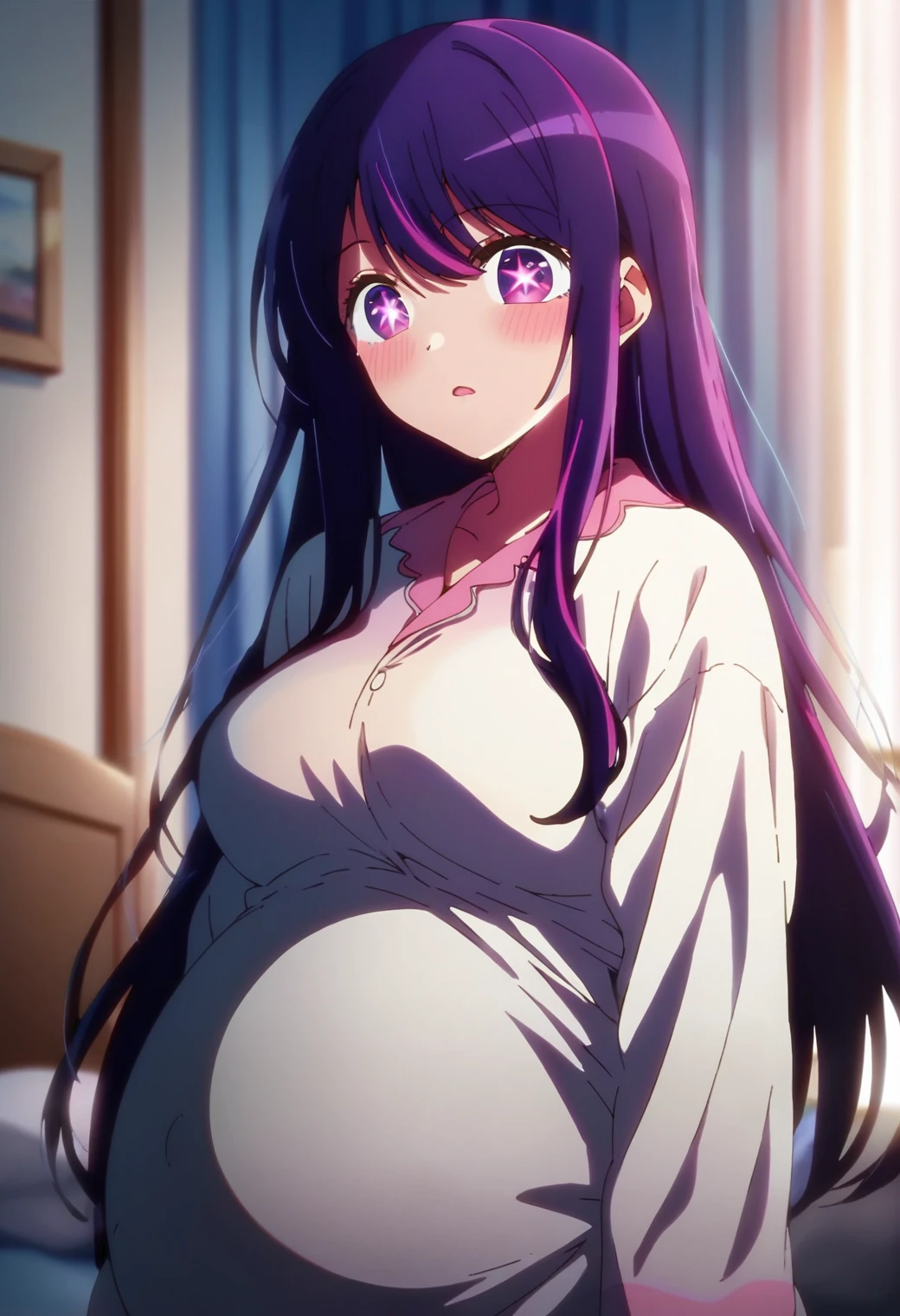 1girl, hoshinoai, solo, <lora:hoshinoai_ponyxl:0.9>, purple hair, purple eyes, long hair, star-shaped pupils, BREAK
pregnant, pajamas, BREAK
score_9, score_8_up, score_7_up, score_6_up, anime,
(high quality, detailed, beautiful), shiny, detailed beautiful eyes, outstanding, countershading, detailed soft lighting