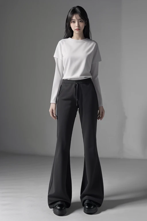 realism,best quality,masterpiece,realistic,highres,absurdres,realistic,masterpiece,Highly detailed,Professional,<lora:lcm-lora-sdv1-5:1>,Gray pants,bell bottoms,plush material,white T-shirt,simple background,<lora:kuzi_20240215162242-000007:1>,doc_martens,