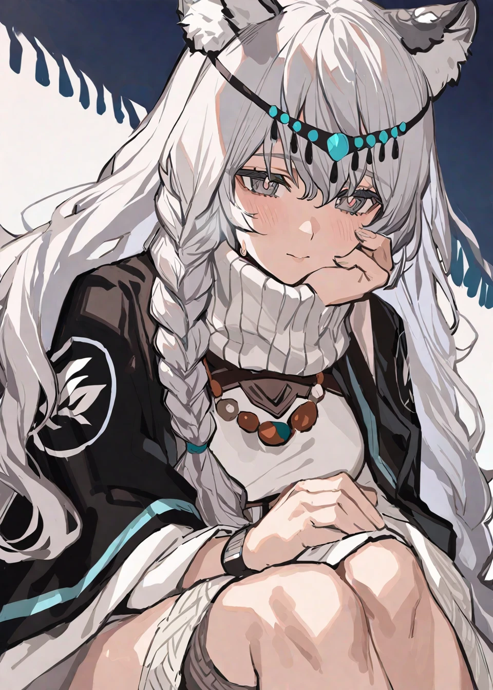 The image portrays a detailed illustration of a young girl with long,silver hair. She wears a headband with turquoise gemstones and has braided hair. The girl is adorned with a silver necklace and a fringe that complements her braid. Her eyes are a striking shade of grey. She is seen resting her chin on her hand,with a contemplative expression. The background is simple and white,emphasizing the character. The image also contains a watermark or username 'EOI' at the bottom left.,
<lora:pramanix:1>,, masterpiece, best quality,