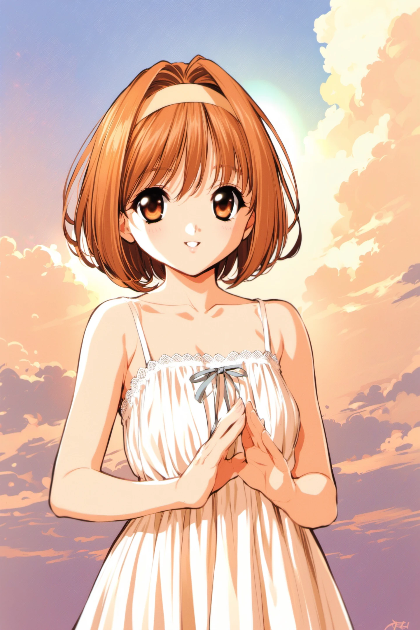 Kaho, 1girl, solo, hairband, dress, hair intakes, short hair, brown hair, sundress, brown eyes, orange hair, white dress, parted lips, looking at viewer, upper body, bare shoulders, collarbone, orange eyes, own hands together, smile, steepled fingers, <lora:Naoto Tenhiro_XL:0.8>