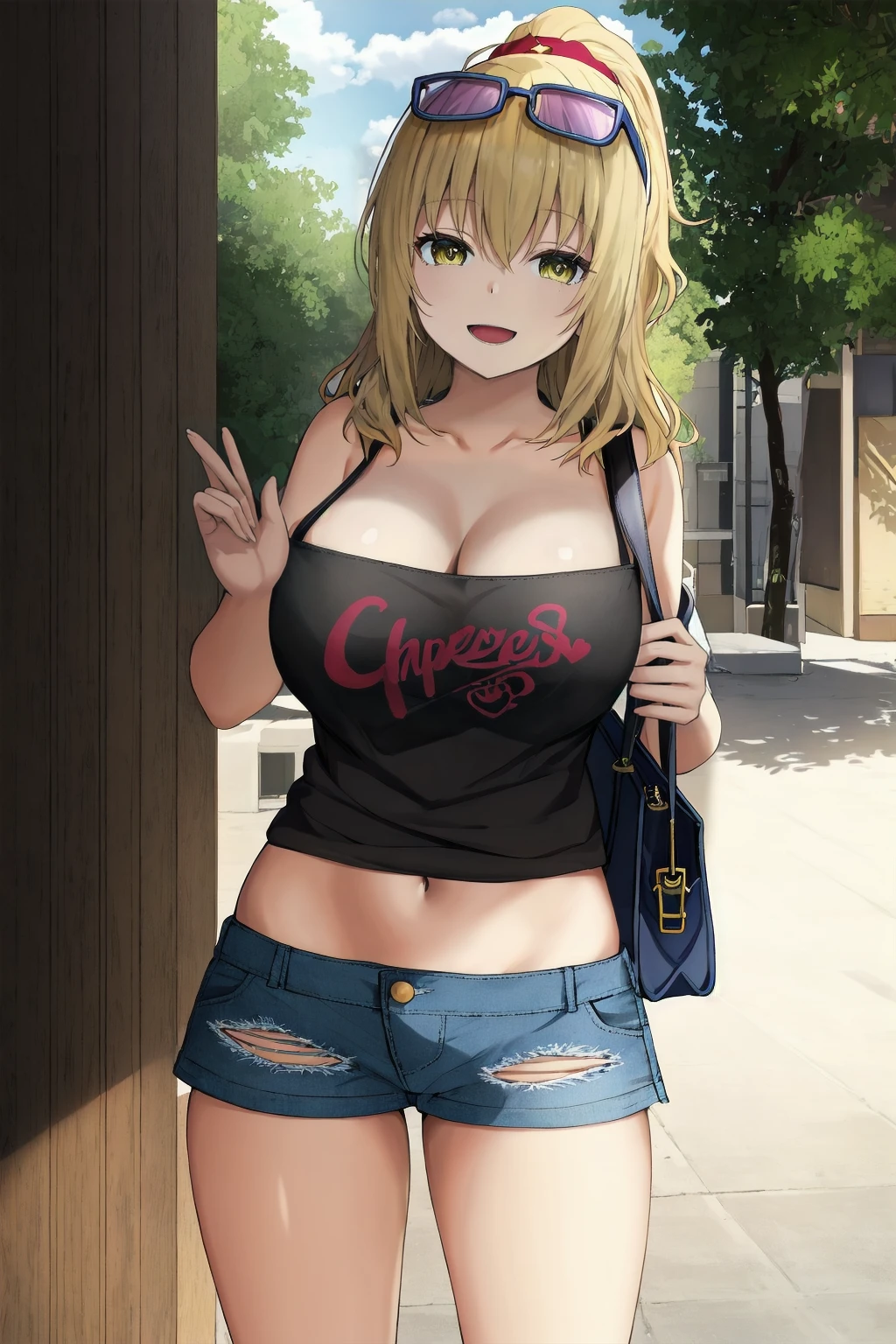 extremely detailed fine touch, natural light, sun light, light rays, dappled light, reflection, shadows, ray tracing, masterpiece, best quality, highly detailed,
<lora:yui:0.6> yui, 1girl, bag, blonde hair, breasts, white cleavage, cowboy shot, denim, denim shorts, eyewear on head, glasses, handbag, large breasts, long hair, looking at viewer, midriff, navel, open mouth, short shorts, shorts, solo, sunglasses, yellow eyes, ponytail, smile, bangs, inscription on the neckline