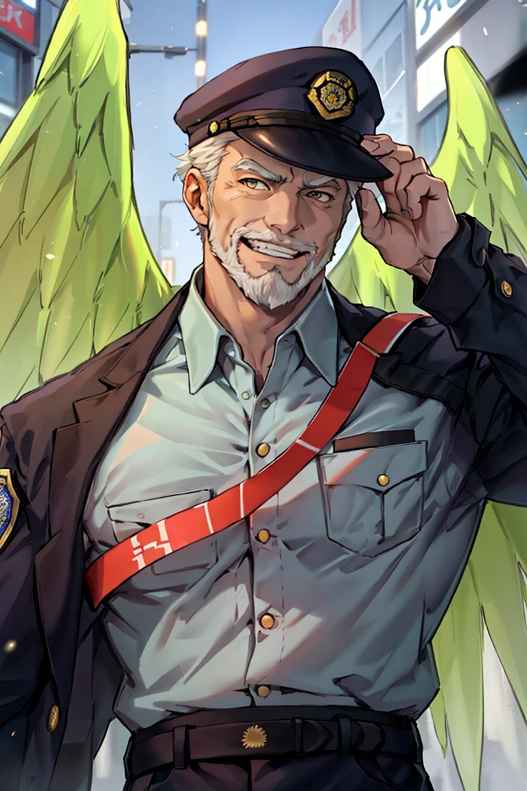 (1 image only),  solo male,  bara,  Hogen,  Tokyo Afterschool Summoners,  Asain,  Japanese,  Tengu,  old man,  white hair,  short hair,  gold eyes,  thick eyebrows,  white facial hair,  white beard,  Japanese police uniform,  Japanese police hat,  pure aqua-color collared shirt,  pure aqua-color sleeves,  (black jacket on shoulders),  grin,  mature,  handsome,  charming,  alluring,  standing,  upper body in frame,  perfect anatomy,  perfect proportions,  2D,  anime,  (best quality,  masterpiece),  (perfect eyes,  perfect eye pupil),  high_resolution,  dutch angle,  (Tokyo city street),  better_hands,  perfect fingers,  green wings, best quality,<lora:EMS-293762-EMS:0.700000>