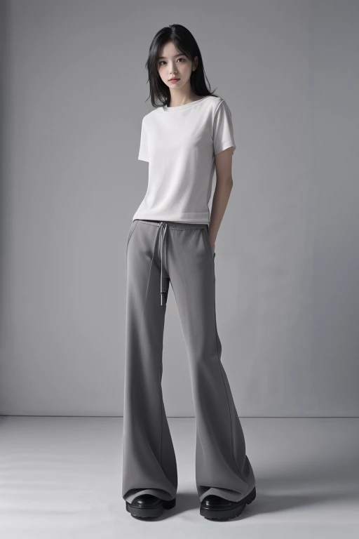 realism,best quality,masterpiece,realistic,highres,absurdres,realistic,masterpiece,Highly detailed,Professional,<lora:lcm-lora-sdv1-5:1>,Gray pants,bell bottoms,plush material,white T-shirt,simple background,<lora:kuzi_20240215162242-000007:1>,doc_martens,