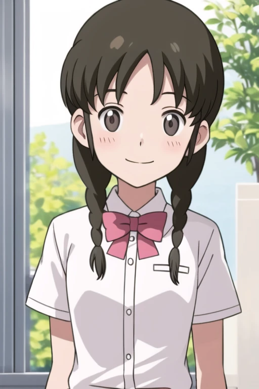 ykwatch-natsume-1, twin braids, school uniform, bowtie, 1girl, solo, smile, blush, smile