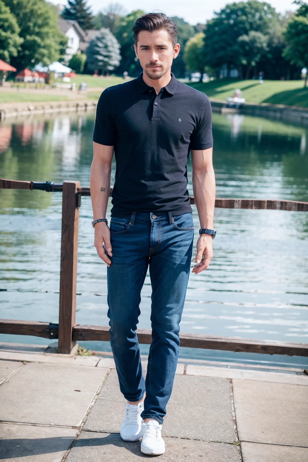 a man wearing Knit polo and slim-fit jeans , lakeside  <lora:fic-Henry5:1>