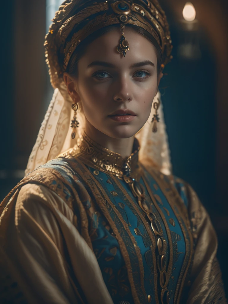 young woman humanoid, portrait photography, ornamental clothes, cinematic shot + photo taken by canon, photo taken by kodak + incredibly detailed, incredibly realistic + professional lighting + lightroom + cinematography, hyper realism, 8K movie quality