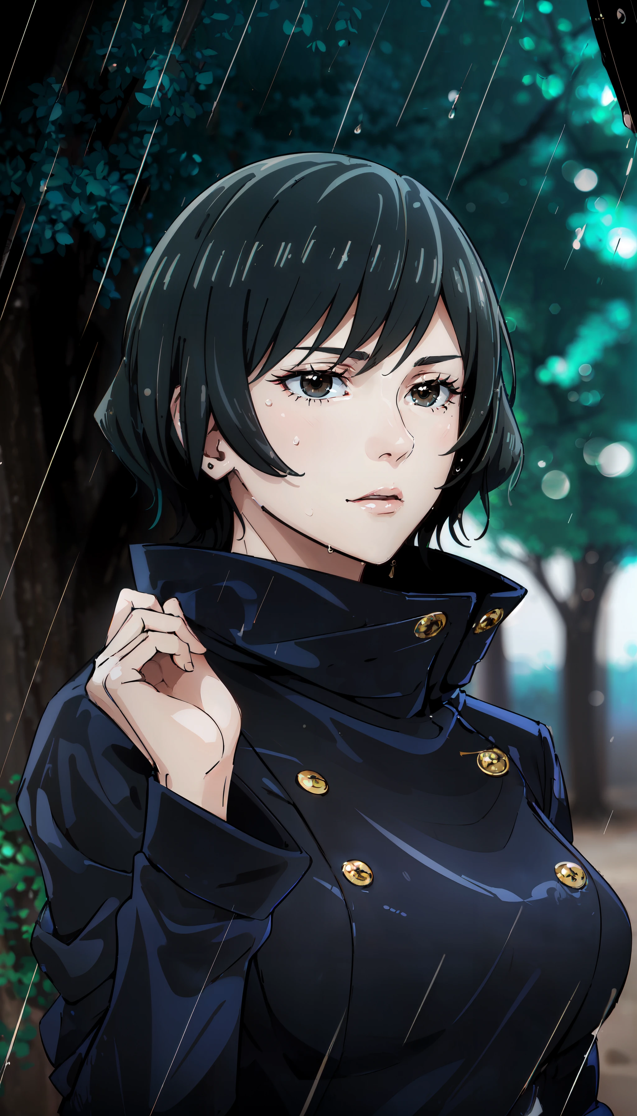 photorealistic, (4k), depth of field, (Masterpiece), (realistic skin texture), extremely detailed, intricate, hyper detailed, professional photography, bokeh, high resolution, sharp detail, best quality, girl, short hair, green hair, brown eyes, blue gakuran, long sleeves, <lora:GoodHands-vanilla:0.4>, <lora:detail_slider_v4:0.8> , dynamic pose, (chin in hand),  <lora:Mai Zenin:0.8> , forest path, storm, (raining:1.3), reflections, grey tones, looking up at the sky,