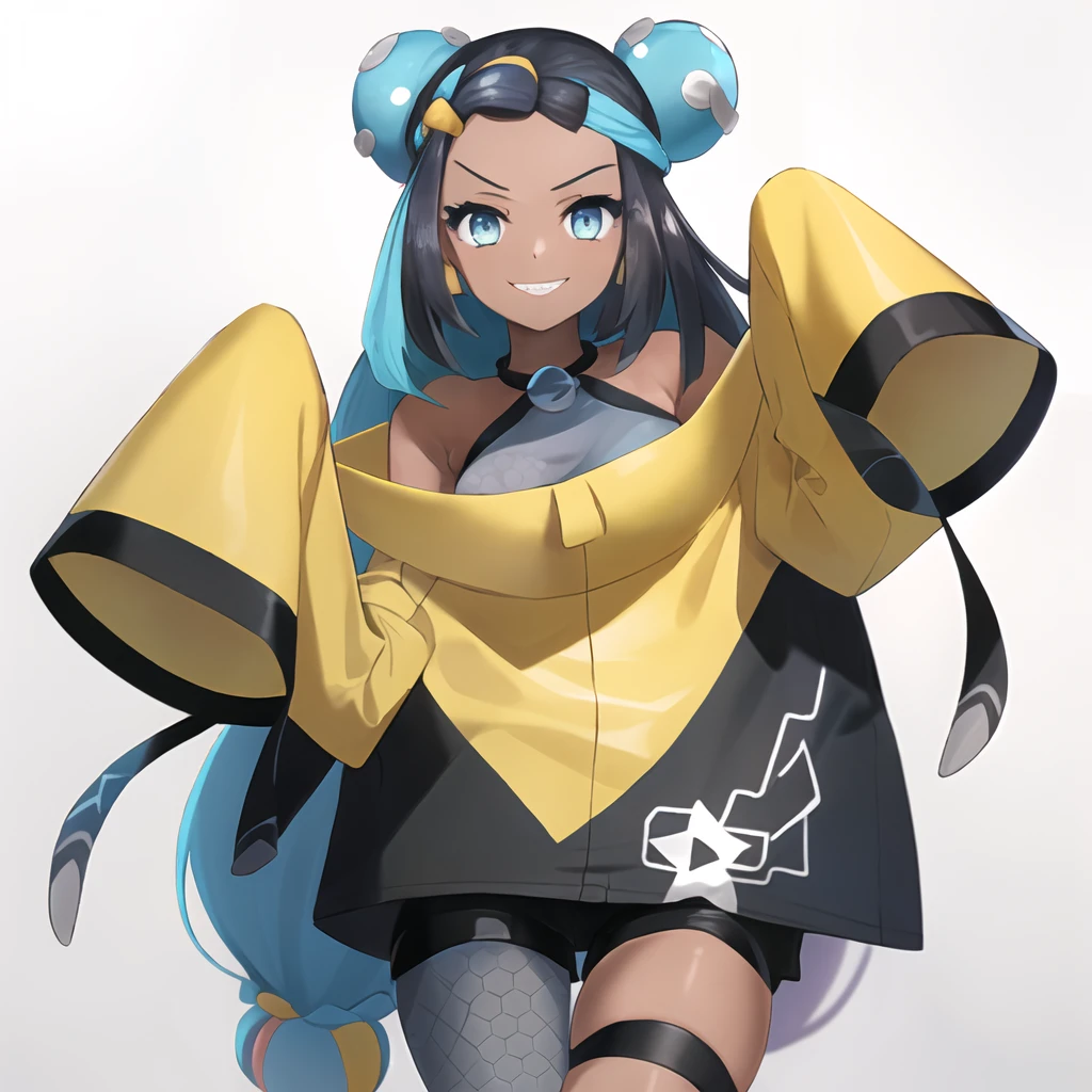 masterpiece, best quality, highly detailed, 1girl, solo, <lora:nessa pokemon by Goofy Ai:0.8> (nessa_pokemon:1.3),
dark-skinned female, dark skin, blue eyes, aqua eyes, long hair, (black hair:1.3), blue hair, aqua hair, multicolored hair, two-tone hair, hair bun, single hair bun, eyeshadow, seductive smile,
standing, one leg up, arm up, legs,
<lora:iono_outfit-10:1> (iono_outfit:1.3), (oversized clothing:1.3), jacket, yellow jacket, wide sleeves, sleeves past wrists, black shorts, grey pantyhose, boots, single leg pantyhose, thigh strap