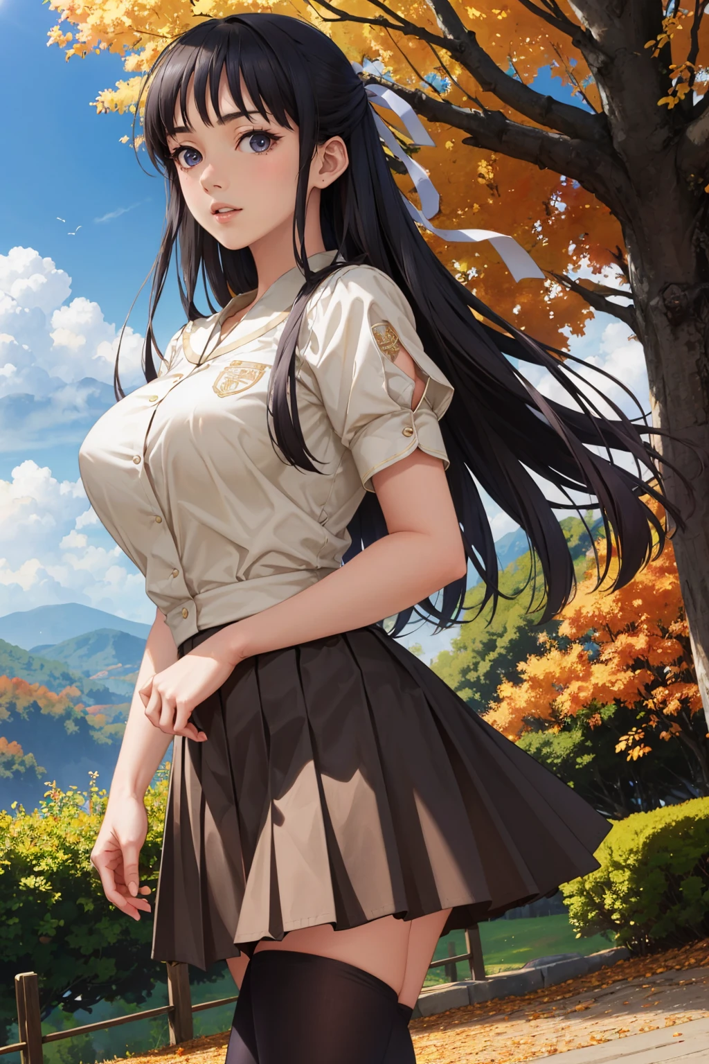 masterpiece, best quality, <lora:migiwakazuha-nvwls-v1-000009:0.9> migiwa kazuha, hair ribbon, white shirt, short sleeves, pleated skirt, black thighhighs, large breasts, blue sky, hillside, autumn, looking at viewer