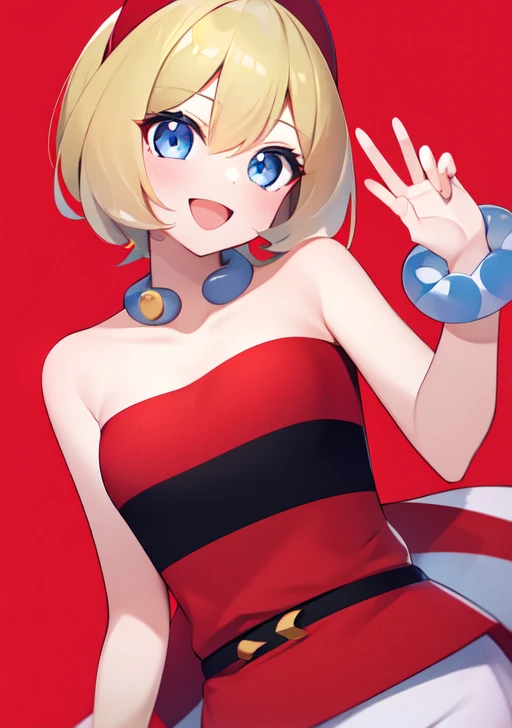 <lora:Irida:0.6>, irida, 1girl, solo, looking at viewer, blush, smile, short hair, open mouth, bangs, blue eyes, blonde hair, simple background, shirt, white background, hair between eyes, jewelry, collarbone, :d, hairband, shorts, tongue, hand up, collar, bracelet, sash, eyelashes, strapless, red shirt, red headwear, white shorts, red hairband, neck ring, waist cape, strapless shirt