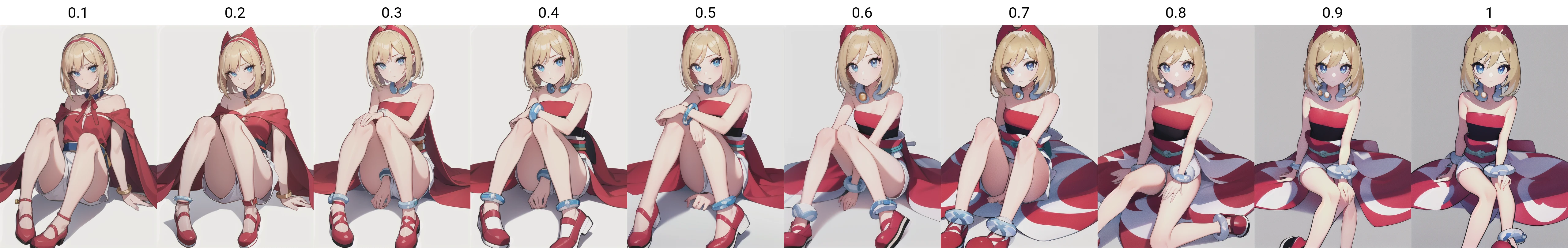 <lora:Irida:0.1>, irida, 1girl, solo, looking at viewer, bangs, blue eyes, blonde hair, shirt, white background, jewelry, sitting, closed mouth, full body, hairband, shoes, shorts, medium hair, collar, bracelet, grey eyes, sash, eyelashes, strapless, red footwear, red shirt, white shorts, anklet, red hairband, neck ring, waist cape, knees, strapless shirt