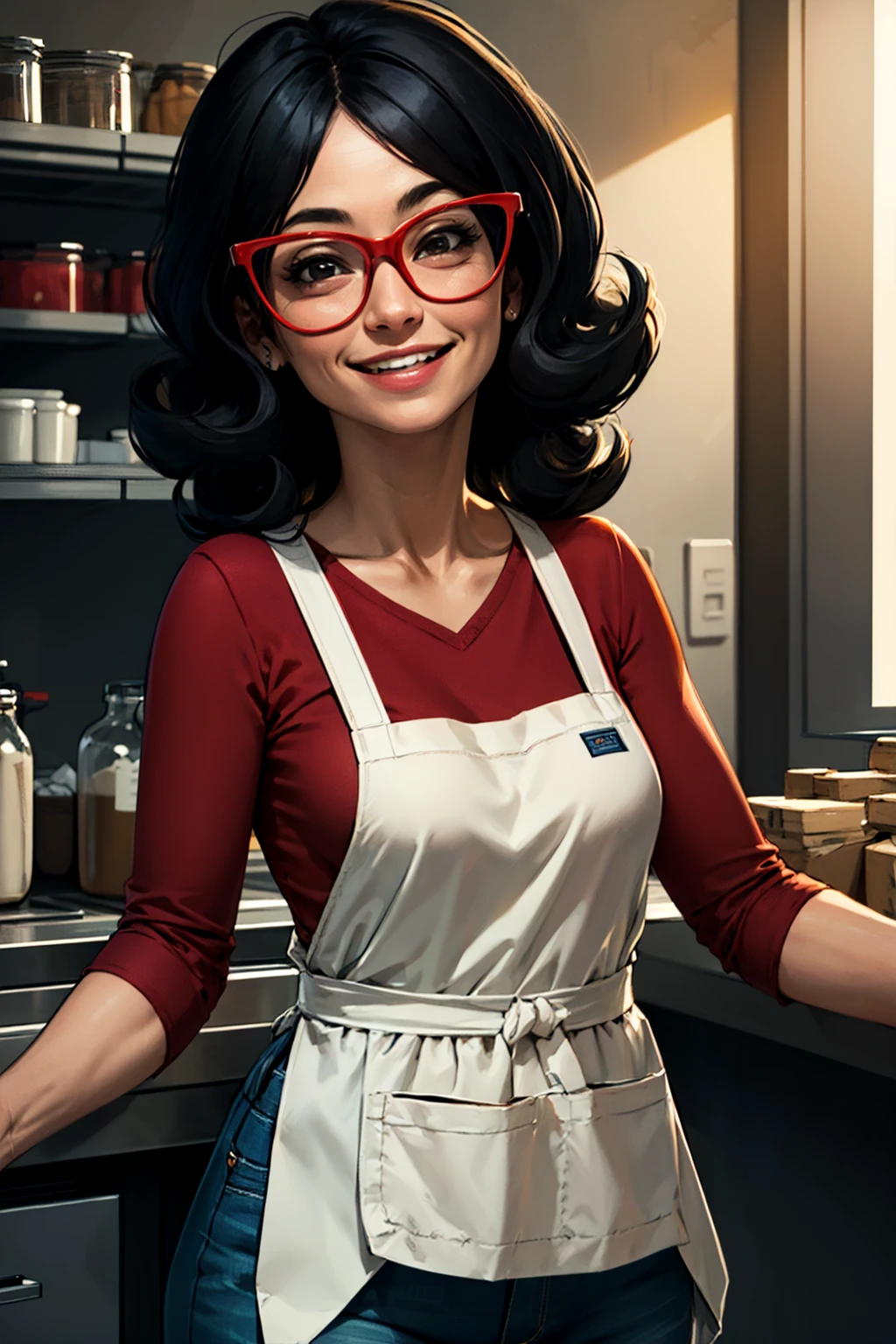 linda, 1girl, black hair, solo, glasses, red-framed eyewear, smile, red shirt, looking at viewer, jeans, black eyes,smile,apron, <lora:lindaBB1.0:0.65>