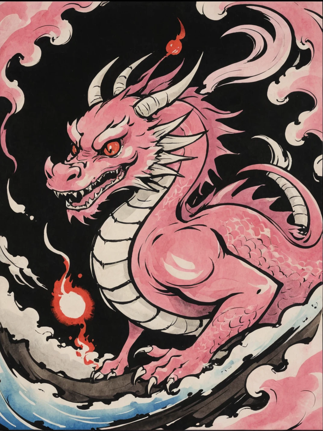 artwork by tokiame, pink dragon, traditional japanese art, yokai <lora:tokiame_xl_v1:1>