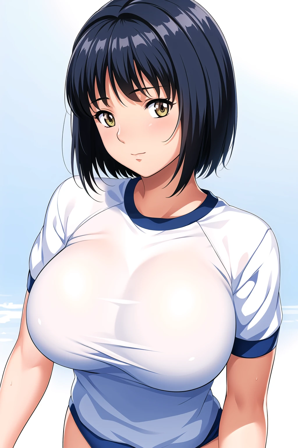 Simple Blue Background,
blue buruma,white shirt,short sleeves,gym uniform, blue shorts,
<lora:Asami_Onohara_WifeHighSchoolGirl-KK77-V1:0.7>,
yellow eyes, black hair,bangs,short hair,
<lora:Oda_Non_Style-KK77-V2:0.3>,<lora:more_details:0.1>,
1 girl, 20yo,Young female,Beautiful long legs,Beautiful body,
Beautiful Nose,Beautiful character design, perfect eyes, perfect face,expressive eyes,perfect balance,
looking at viewer,(Focus on her face),closed mouth, (innocent_big_eyes:1.0),(Light_Smile:0.3),
official art,extremely detailed CG unity 8k wallpaper, perfect lighting,Colorful, Bright_Front_face_Lighting,White skin,
(masterpiece:1.0),(best_quality:1.0), ultra high res,4K,ultra-detailed,
photography, 8K, HDR, highres, absurdres:1.2, Kodak portra 400, film grain, blurry background, bokeh:1.2, lens flare, (vibrant_color:1.2),professional photograph,
(Beautiful,large_Breasts:1.4), (beautiful_face:1.5),(narrow_waist),