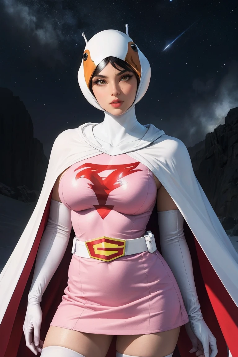 ((masterpiece)),((best quality)),((highres)),((extremely detailed CG unity 8k wallpaper)), outdoors, day, upper body, looking at viewer, solo, focused, BREAK, 
ANI_CLASSIC_jun_gatchaman_ownwaifu, jun the swan, 
1girl, breasts, lips, medium breasts, large breasts, green eyes, lipstick, makeup, eyelashes, eyeshadow,
visor, helmet, cape, elbow gloves, thighhighs, belt, white gloves, zettai ryouiki, mask, skirt, white legwear, superhero, leotard, spacesuit, pink dress, white cape,  pink leotard, pink skirt, short dress,
<lora:ANI_CLASSIC_jun_gatchaman_ownwaifu:0.9>