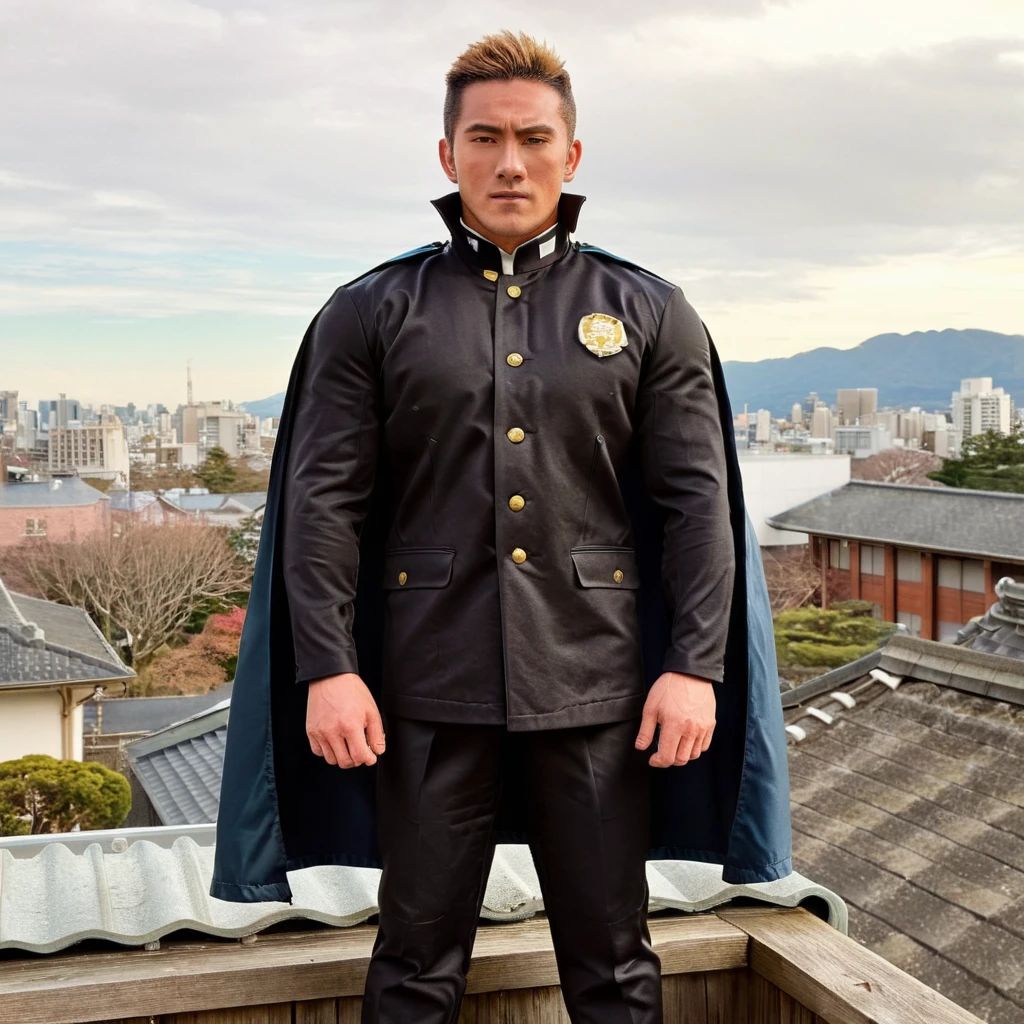 Generate an image in a realistic style, featuring a muscular man dressed in a traditional Japanese high school uniform from the early years, complete with a Gakuran jacket and straight-legged trousers. He stands confidently on a rooftop, overlooking the cityscape below. The man wears black gloves, snug against his strong hands, and a black cape billows behind him, caught by the wind. The juxtaposition of his traditional uniform with his muscular build, gloves, and cape adds a unique, heroic dimension to the scene,<lora:gakuran:0.8> , <lora:kanzon2.0:0.8>
